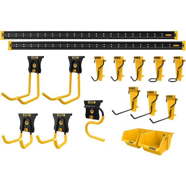 Two black and yellow metal wall rails with multiple yellow tool hooks and a small yellow storage bin for garage organization