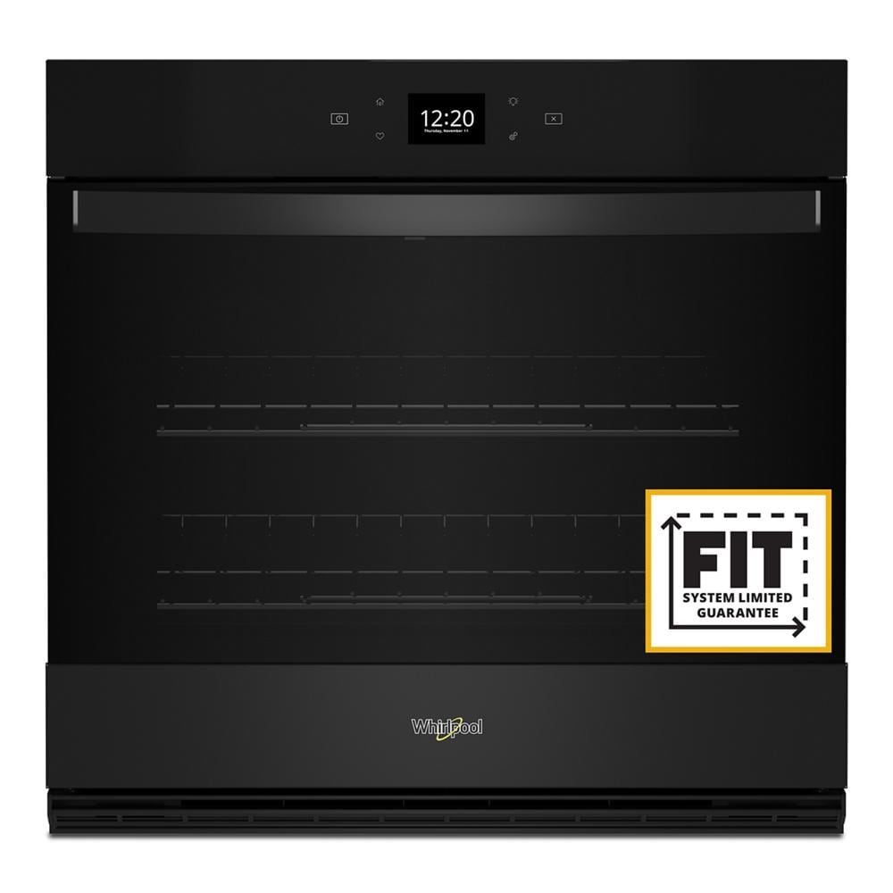 Black Whirlpool single wall oven with digital touchscreen and FIT system guarantee badge in kitchen appliances collection