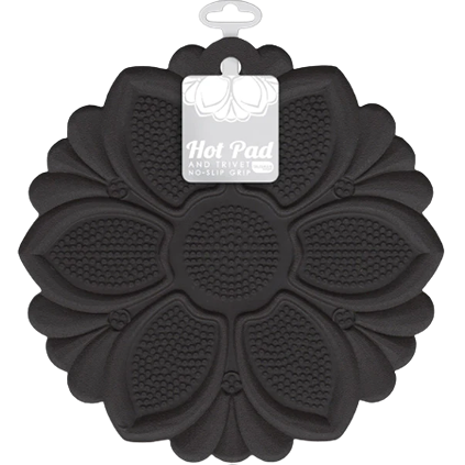 Black silicon flower-shaped trivet with textured non-slip grip for kitchenware and home under $50 collections