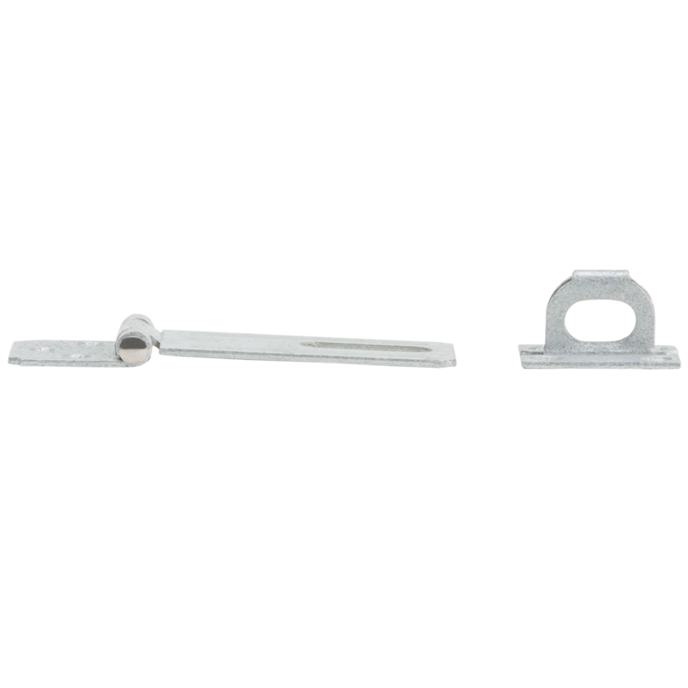Galvanized steel non-swivel safety hasp with brass pin for securing doors and gates in home improvement projects