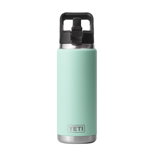 Mint green insulated stainless steel 26 oz bottle with black straw cap and handle from Drinkware and Kitchen collections