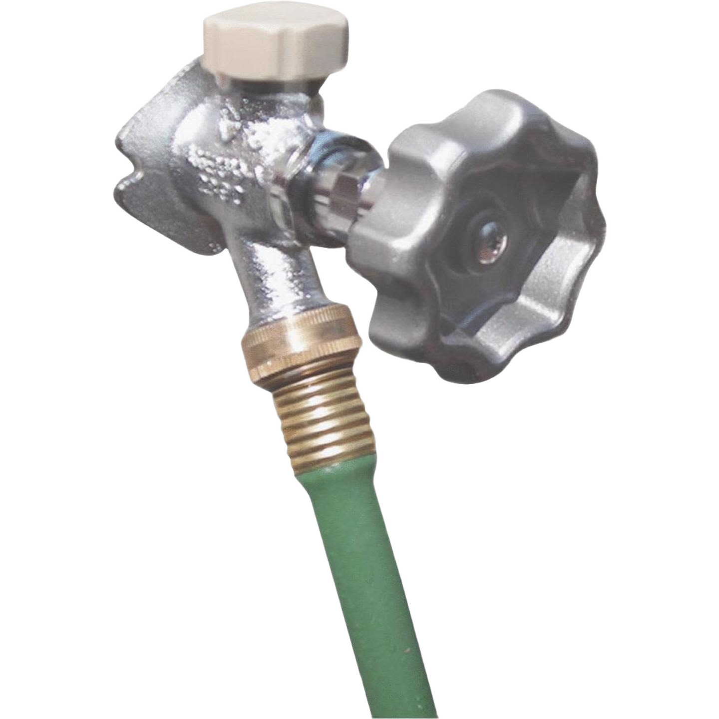 Silver outdoor faucet with universal handle and attached green garden hose for plumbing repair and home improvement.