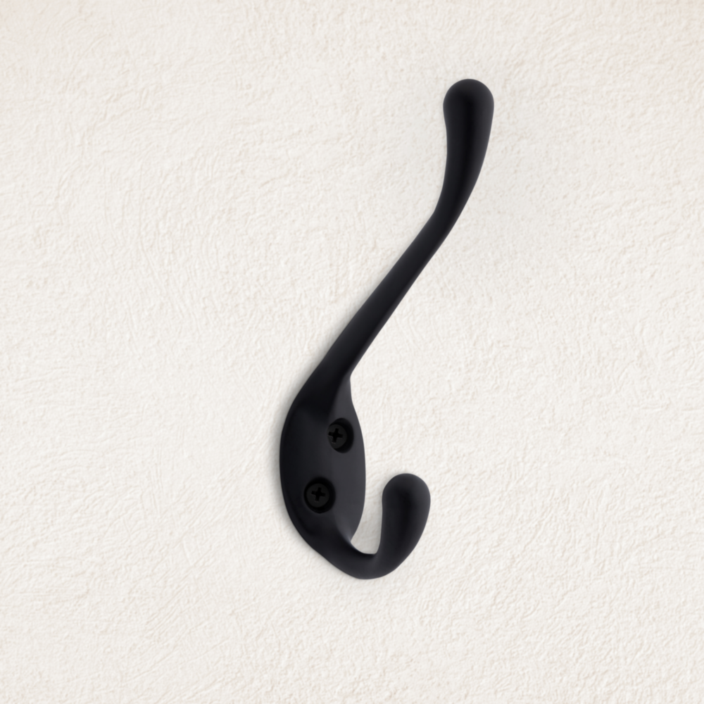 Matte black heavy duty single garment hook with two screws for closet organization and storage under $50