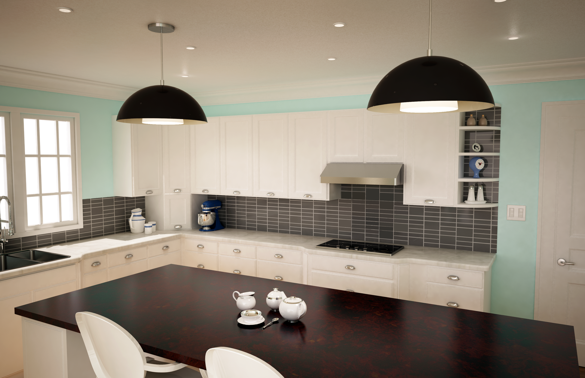 Modern kitchen interior showcasing a sleek stainless steel under-cabinet range hood with baffle filters, pendant lighting, and white cabinetry, part of Range Hoods, Kitchen & Kitchenware, All Products, and Appliances collections.