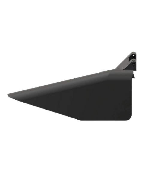 Black plastic mower deck discharge chute with mounting brackets for lawn equipment and home improvement use