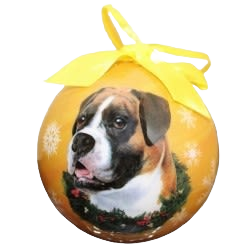 Yellow Christmas ball ornament featuring a realistic boxer dog illustration with festive wreath and snowflakes design