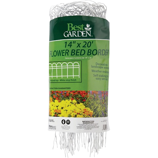 White vinyl garden border fence roll with decorative design for flower beds and landscaping projects