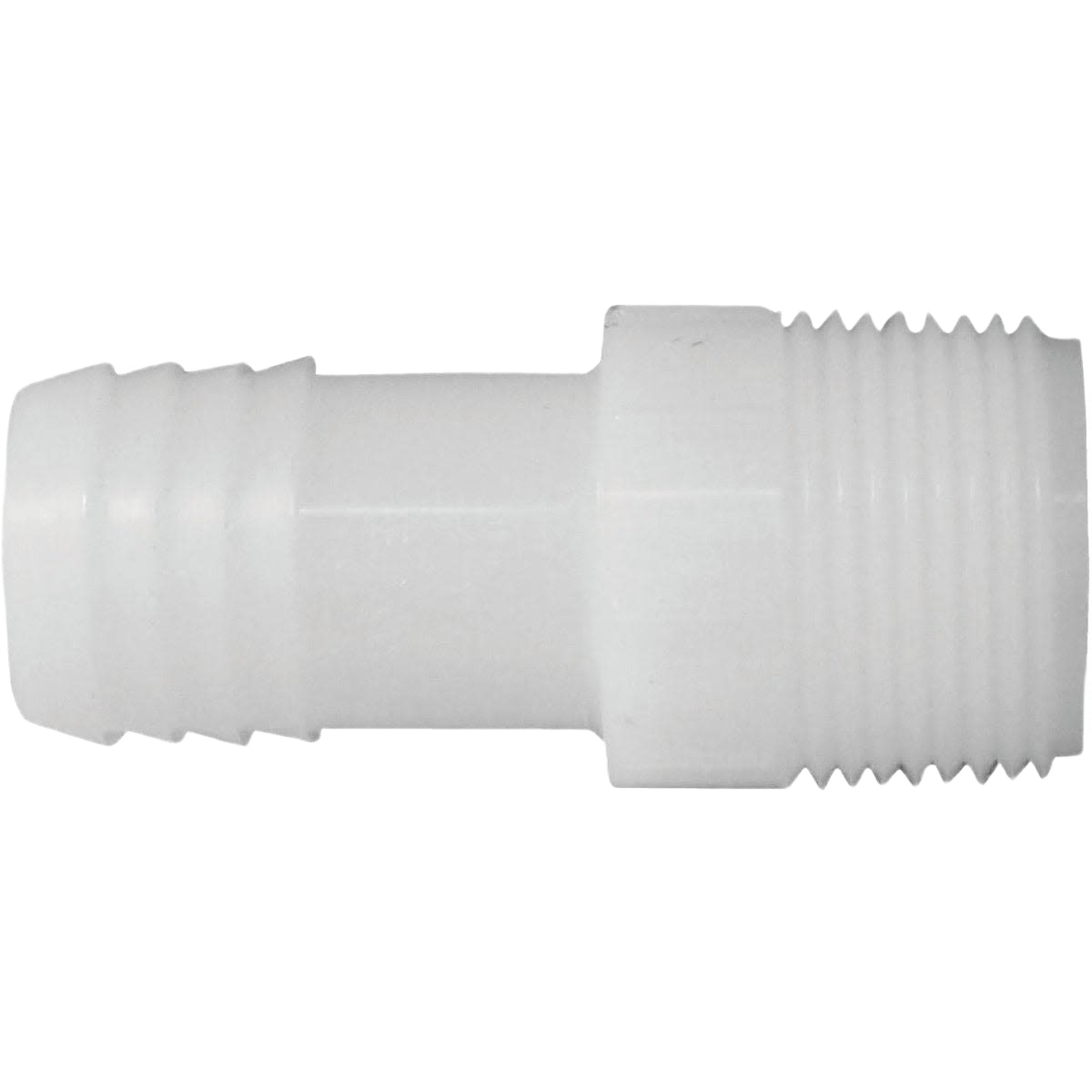 White nylon insert coupling with barbed and threaded ends for secure plumbing connections in home improvement projects