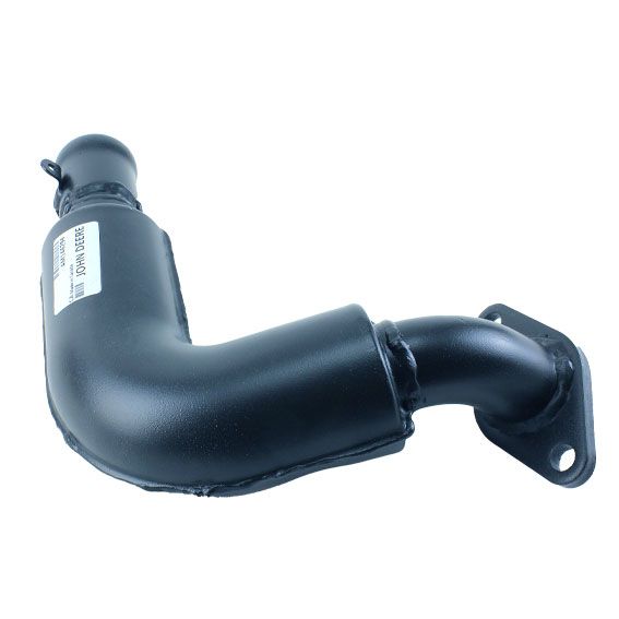 Black metal exhaust pipe with mounting flange designed for automotive and John Deere engine parts collections