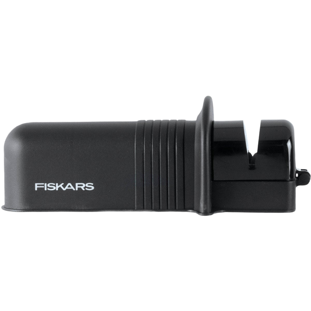 Black compact Fiskars knife sharpener with ceramic wheels and ergonomic design for tools and home improvement use