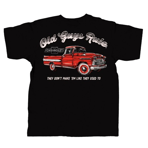 Black shirt featuring vintage red Chevrolet truck graphic with retro lettering and nostalgic slogan design