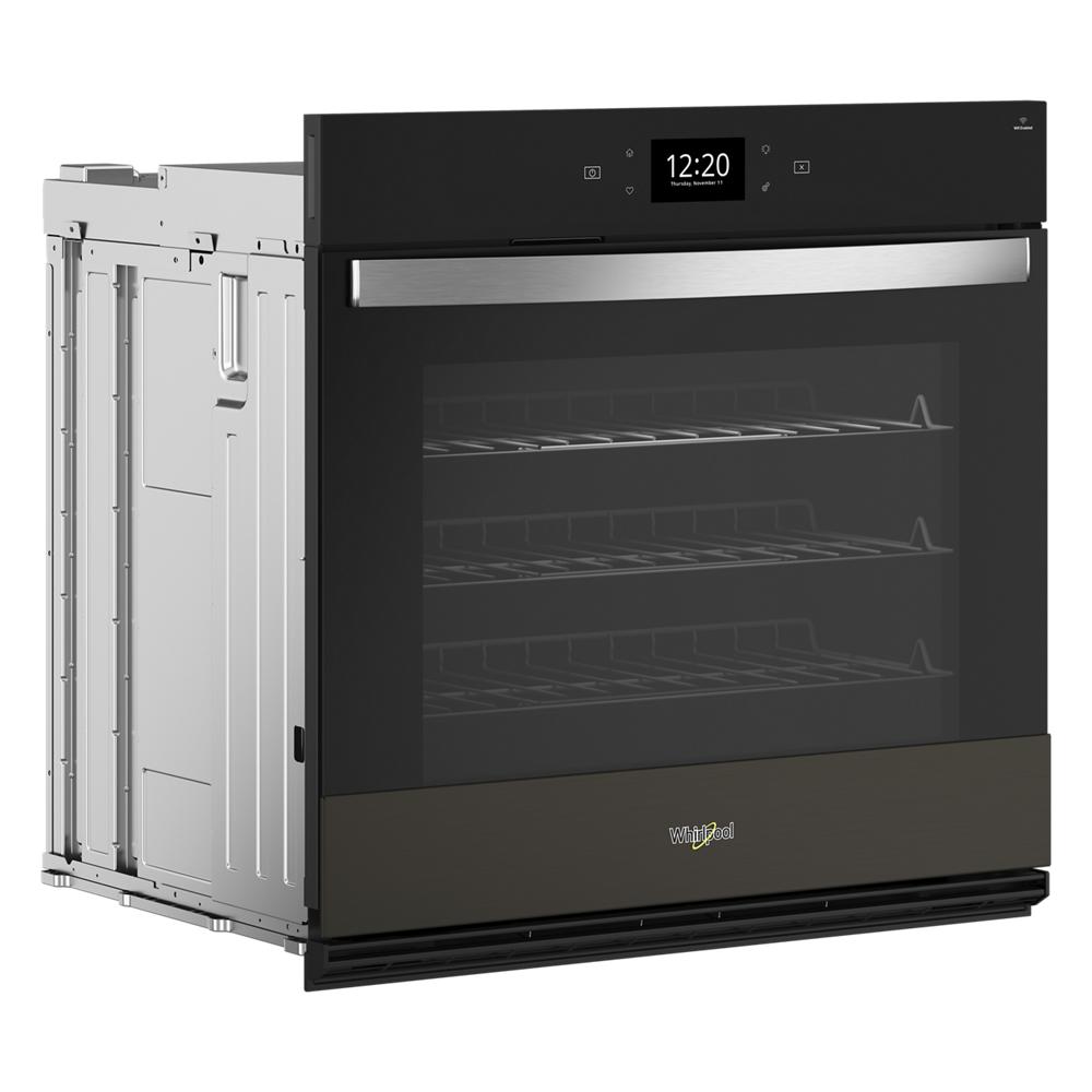 Black smart single wall oven with stainless steel handle and digital clock from Wall Ovens collection