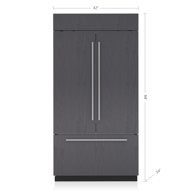 French door refrigerator with bottom freezer drawer and modern vertical stainless handles in kitchen appliances collection