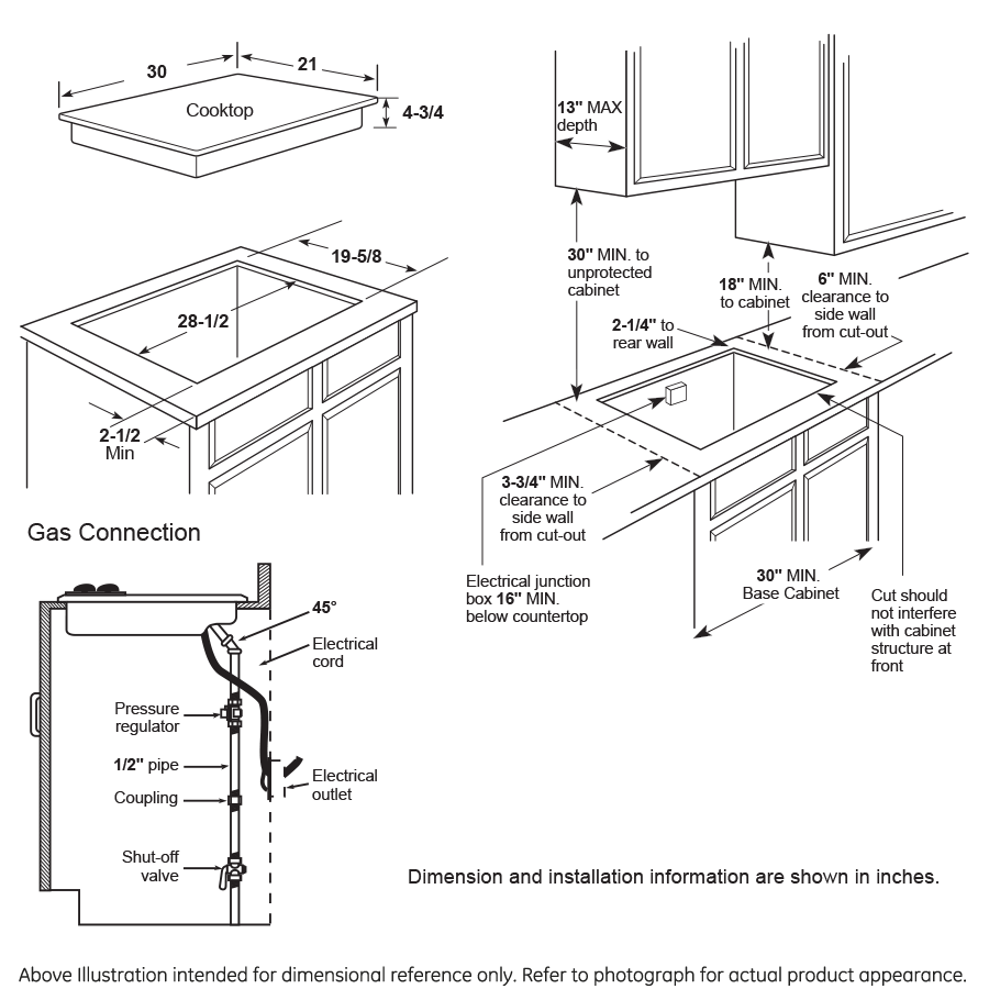 Installation diagram showing cutout dimensions, clearance requirements, and gas connection details for a built-in cooktop unit.