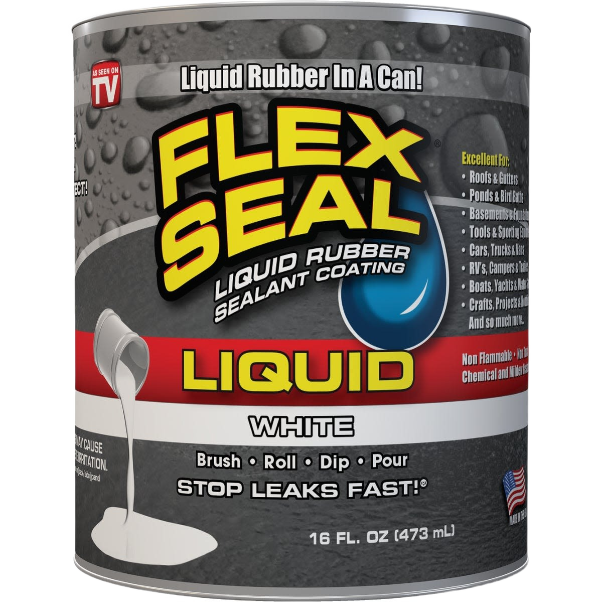 Can of white liquid rubber sealant for sealing leaks and protection in home improvement and painting projects