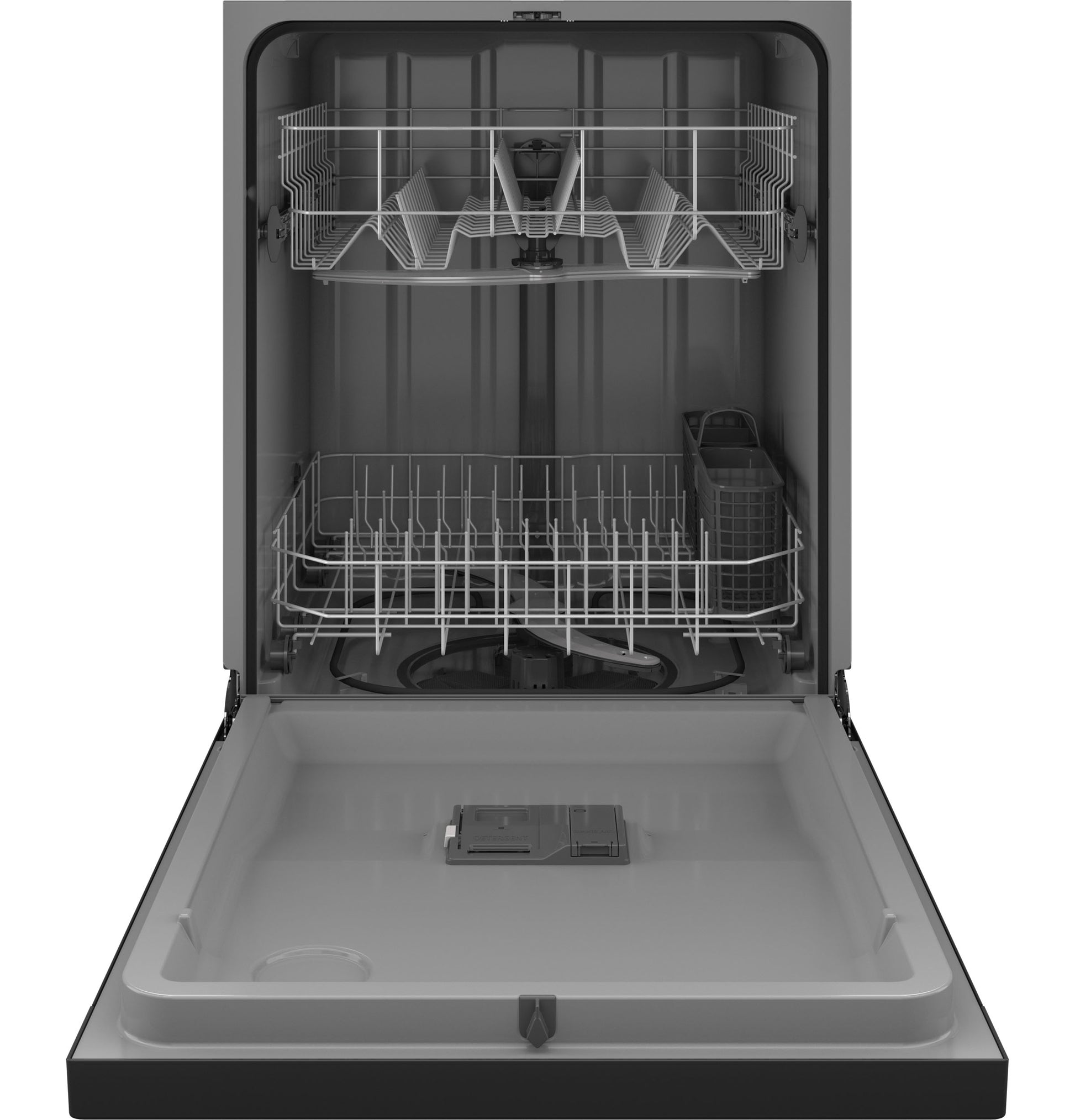 Open dishwasher with plastic interior, two wire racks, and utensil holder from built-in dishwashers collection