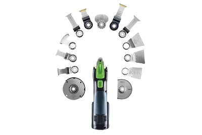 Compact oscillating tool with multiple precision saw blades and accessories for woodworking and power tool use collections