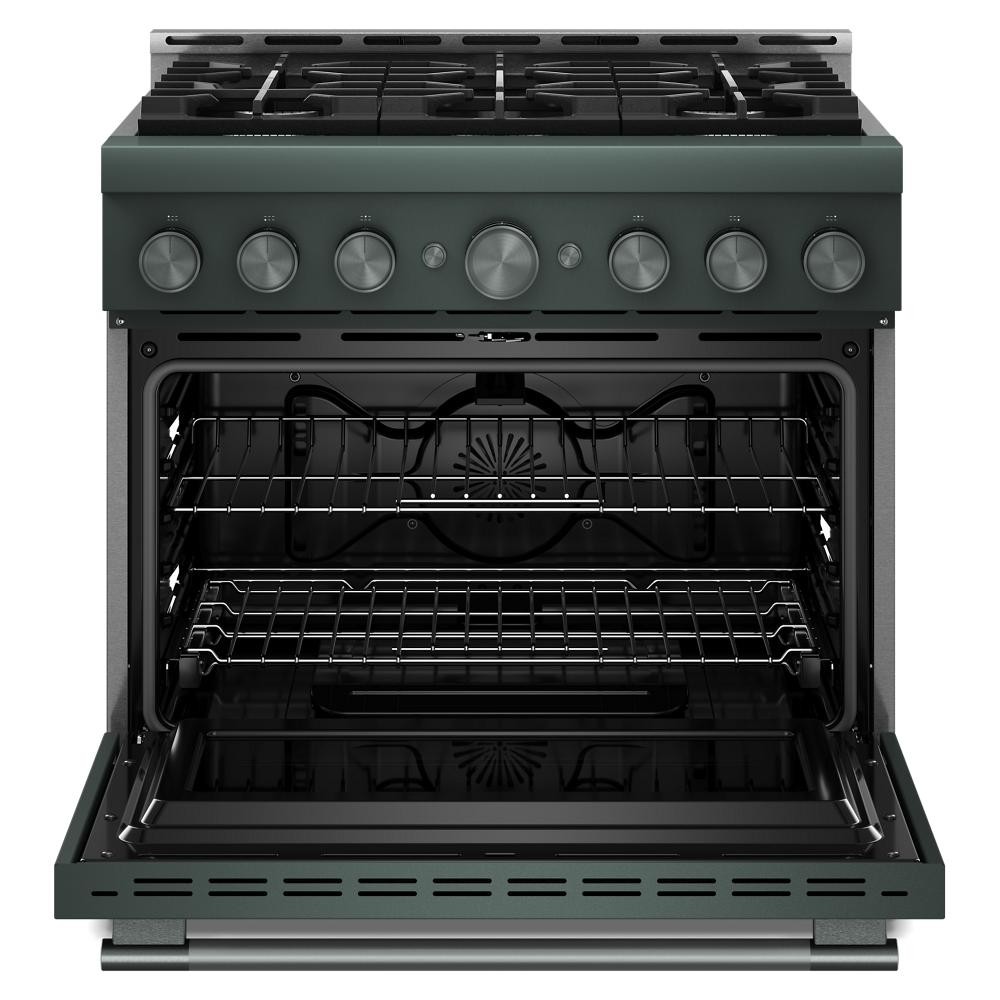 Open dark green commercial-style gas range showing interior oven racks and multiple stainless steel control knobs