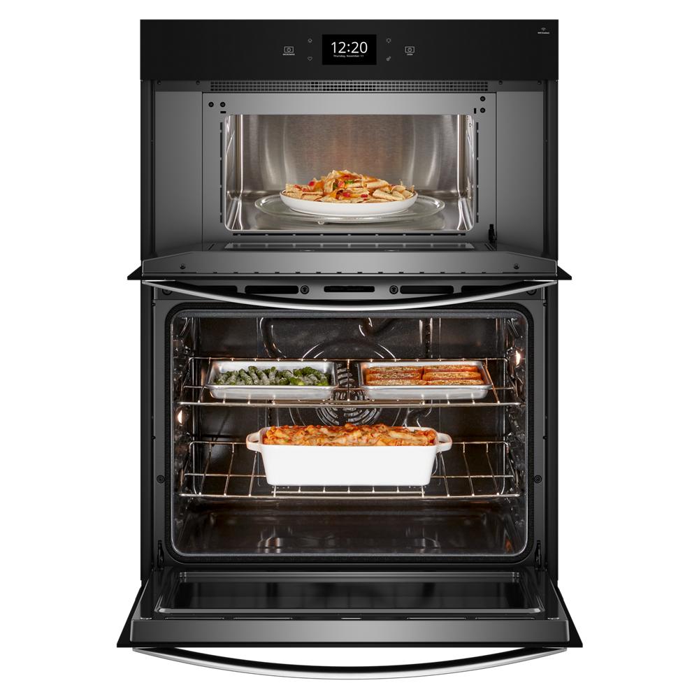Open black microwave wall oven combo with dishes cooking inside from Wall Oven and Microwave Combos collection