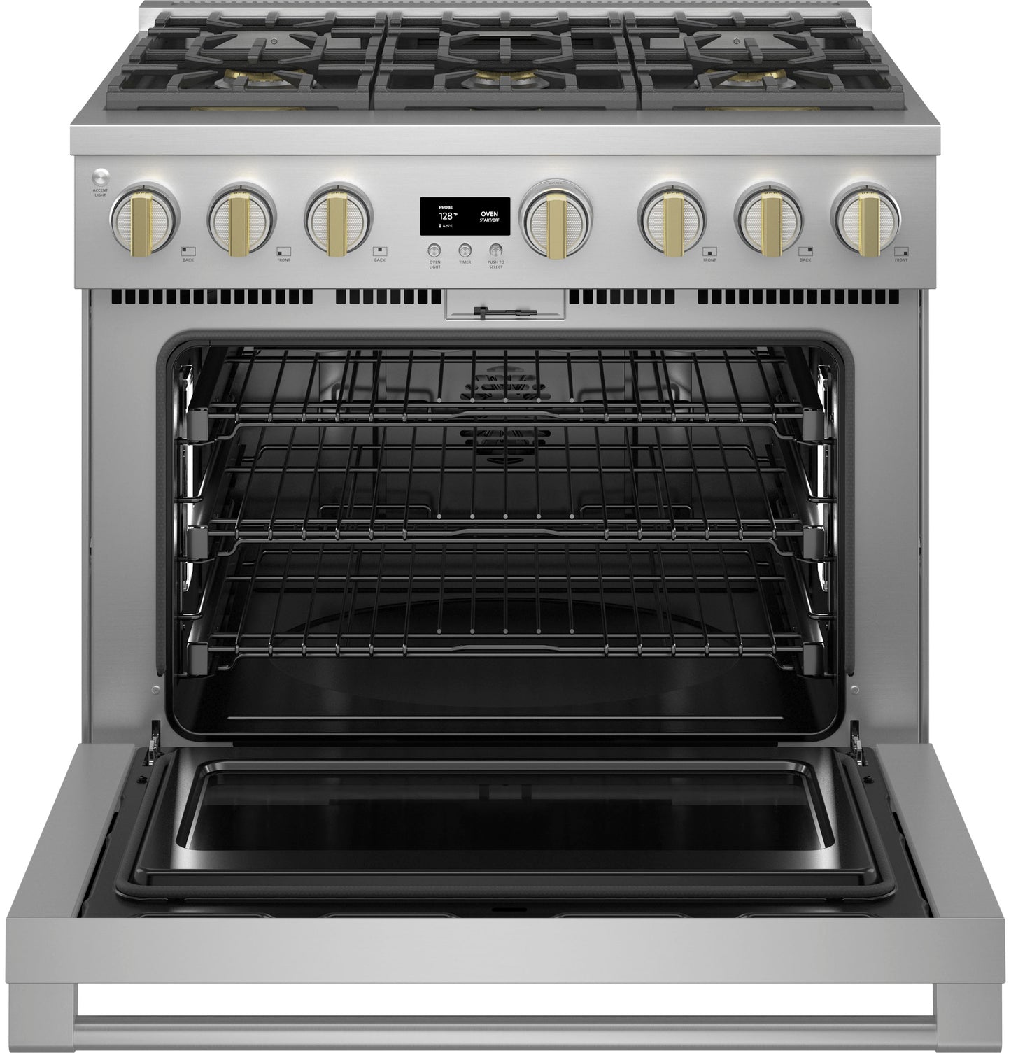 Open stainless steel dual-fuel range with six burner cooktop and three racks inside oven in kitchen appliance collections