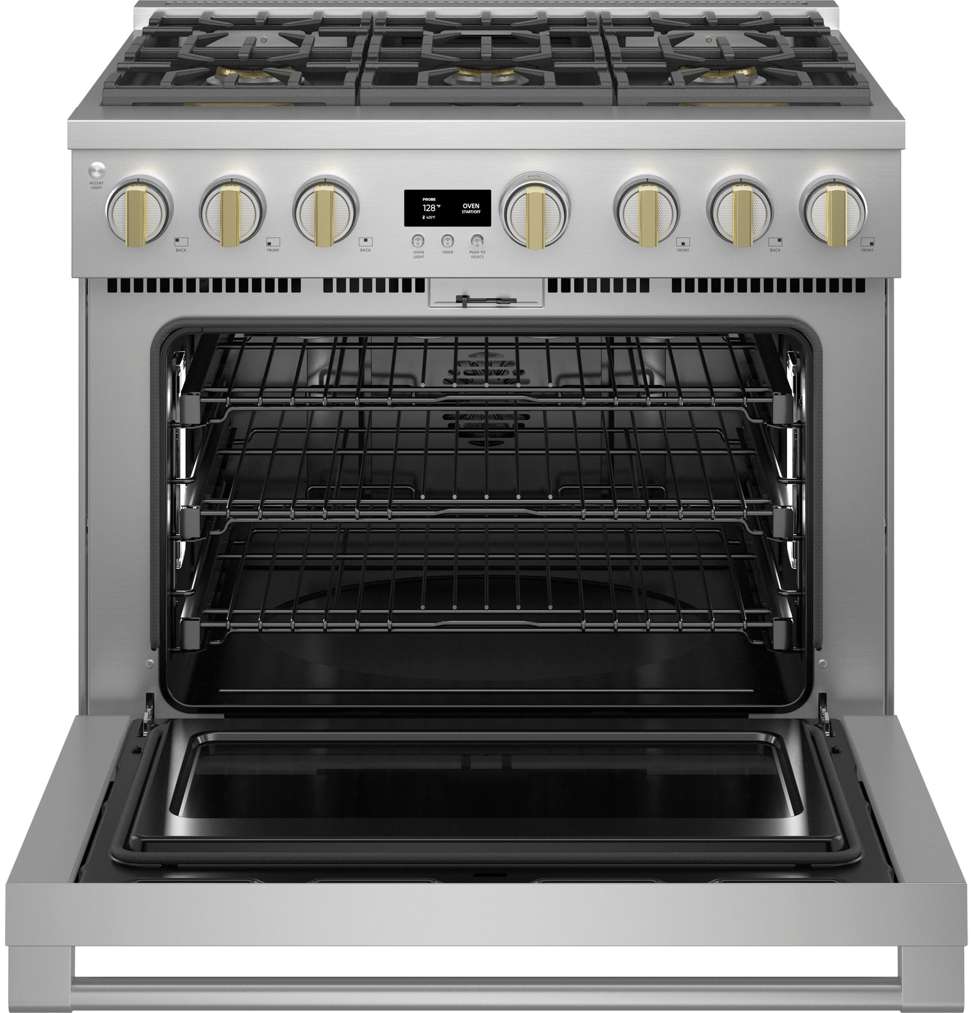 Open stainless steel dual-fuel range with six burner cooktop and three racks inside oven in kitchen appliance collections
