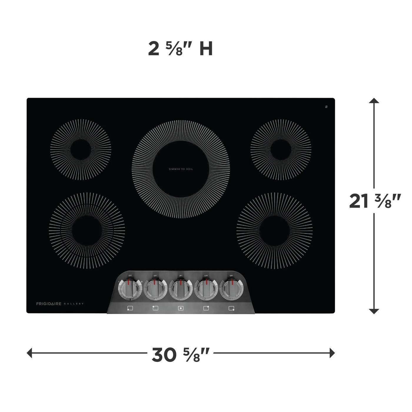 Top view of black 30-inch electric cooktop with five circular burners and five silver control knobs below from Kitchen & Kitchenware collection