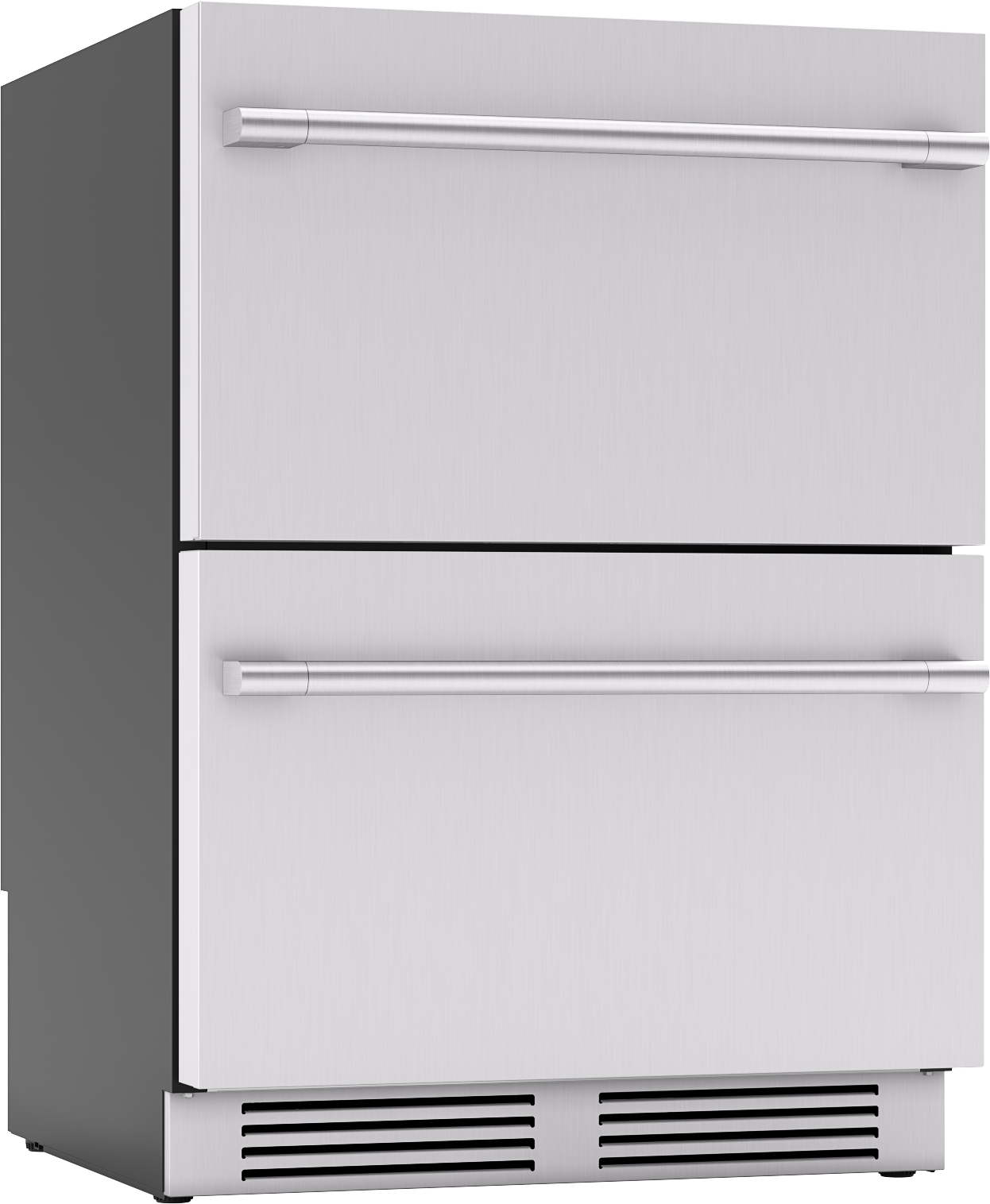 Under-counter dual compartment refrigerator drawers in stainless steel for kitchen appliance and food storage.