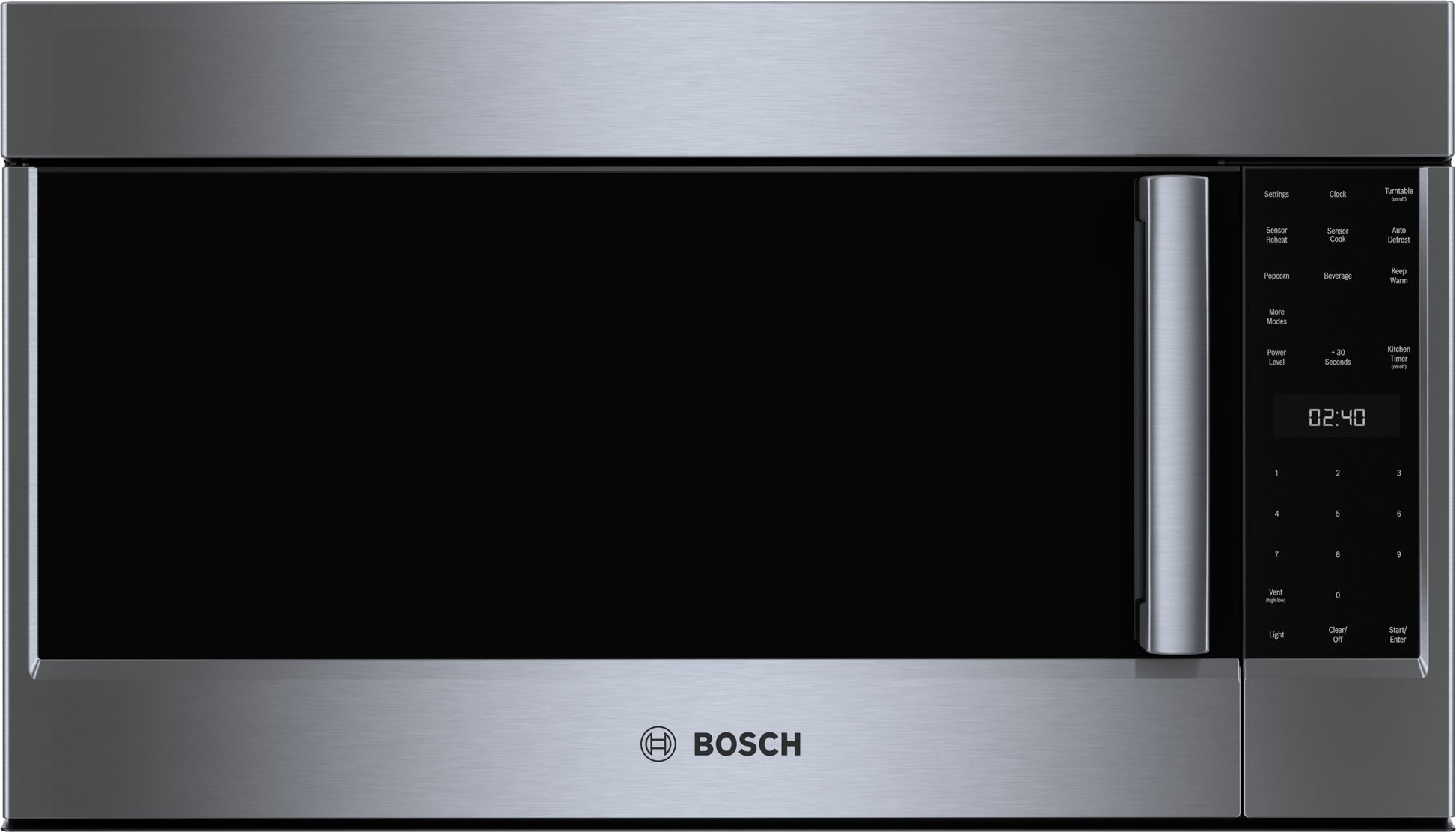 Stainless steel over-the-range microwave with left side-opening door and digital control panel in kitchenware collection