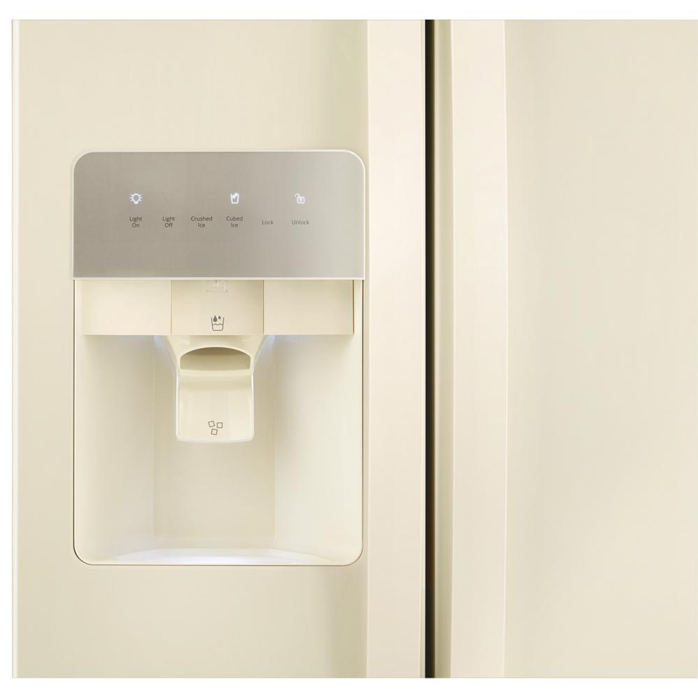 Built-in water and ice dispenser on cream-colored side-by-side refrigerator in kitchen appliances collection