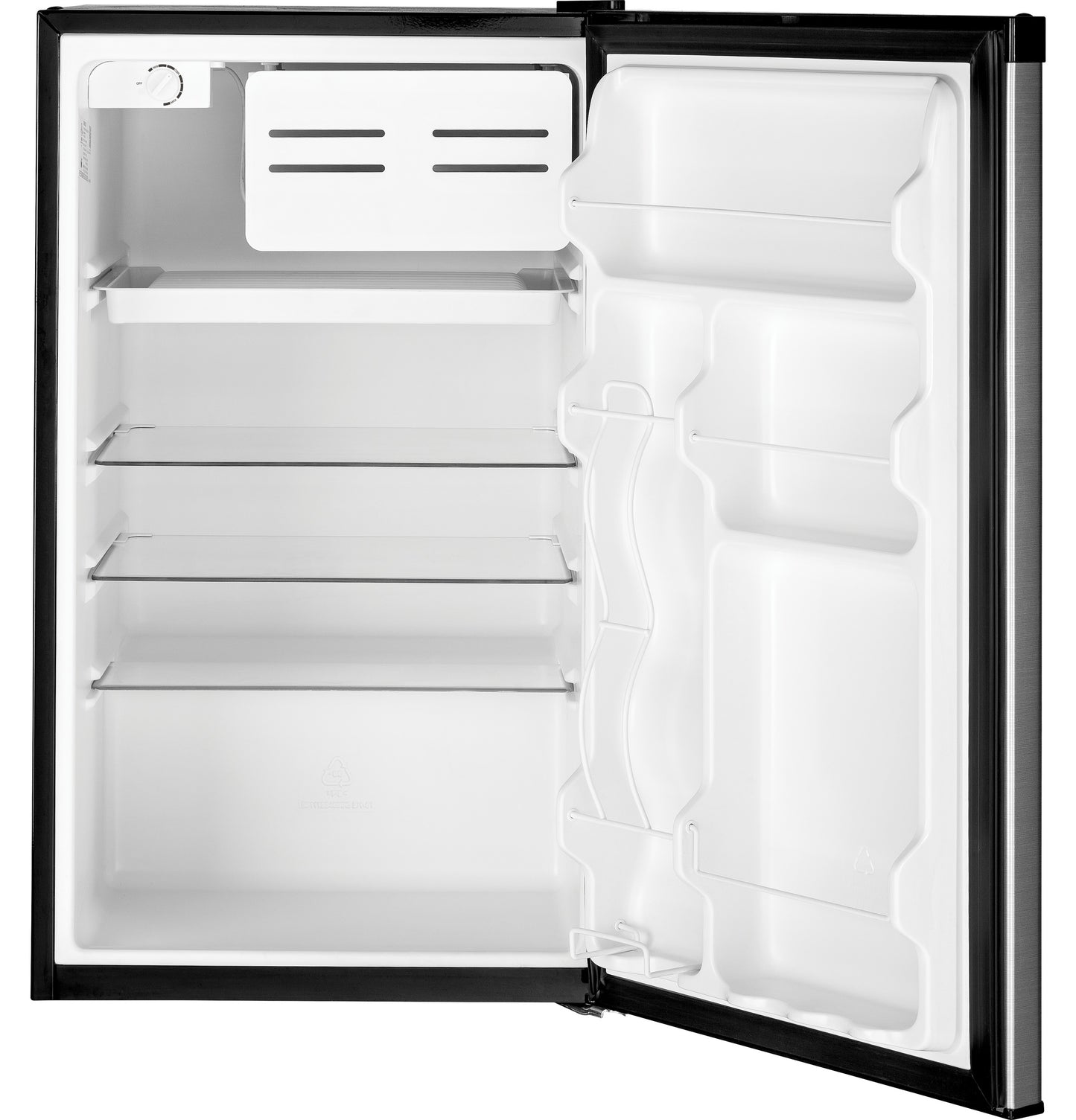 Compact ENERGY STAR® refrigerator with white interior, adjustable glass shelves, and door storage in kitchen appliances collection