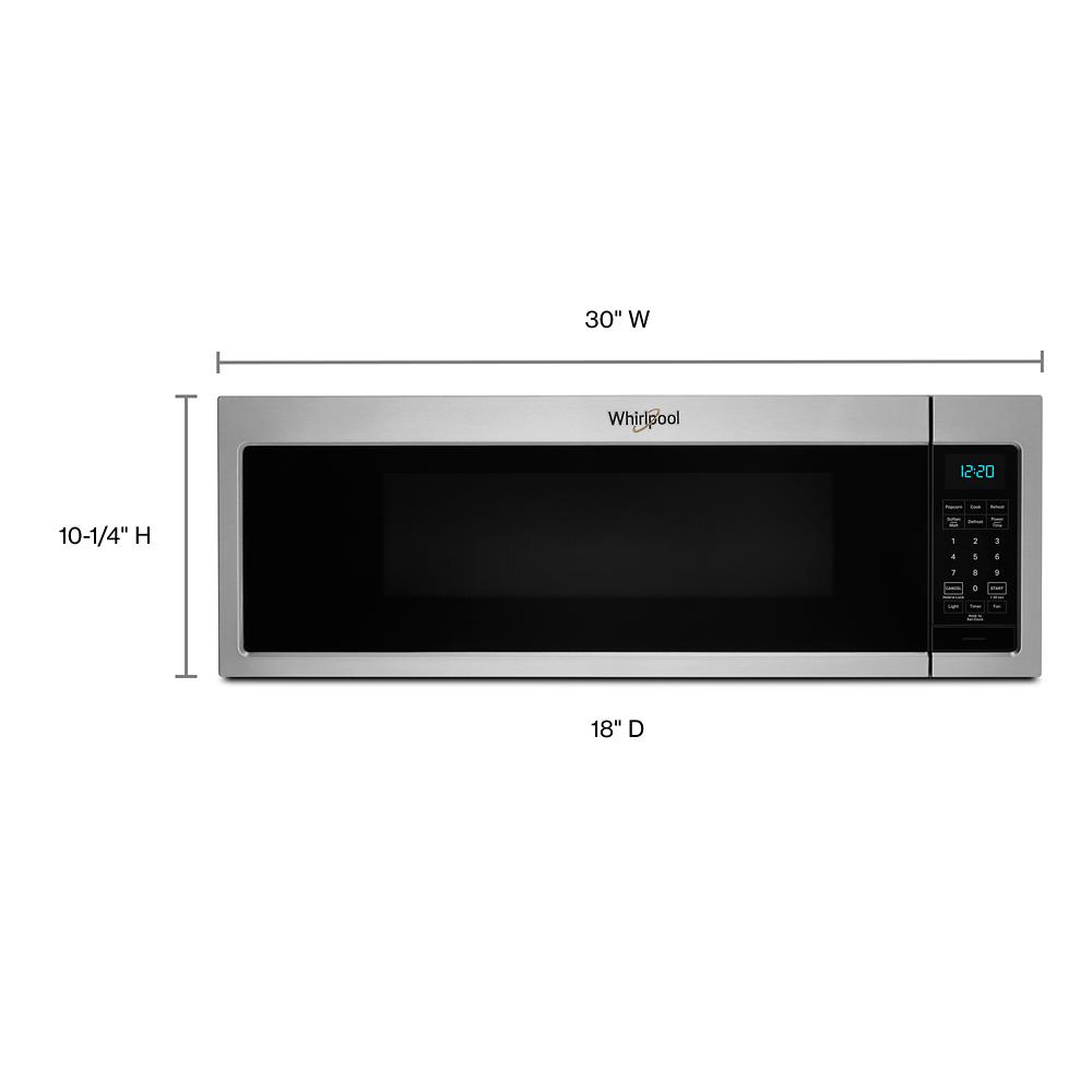 Front view of stainless steel over-the-range microwave with digital control panel in kitchen appliances collection