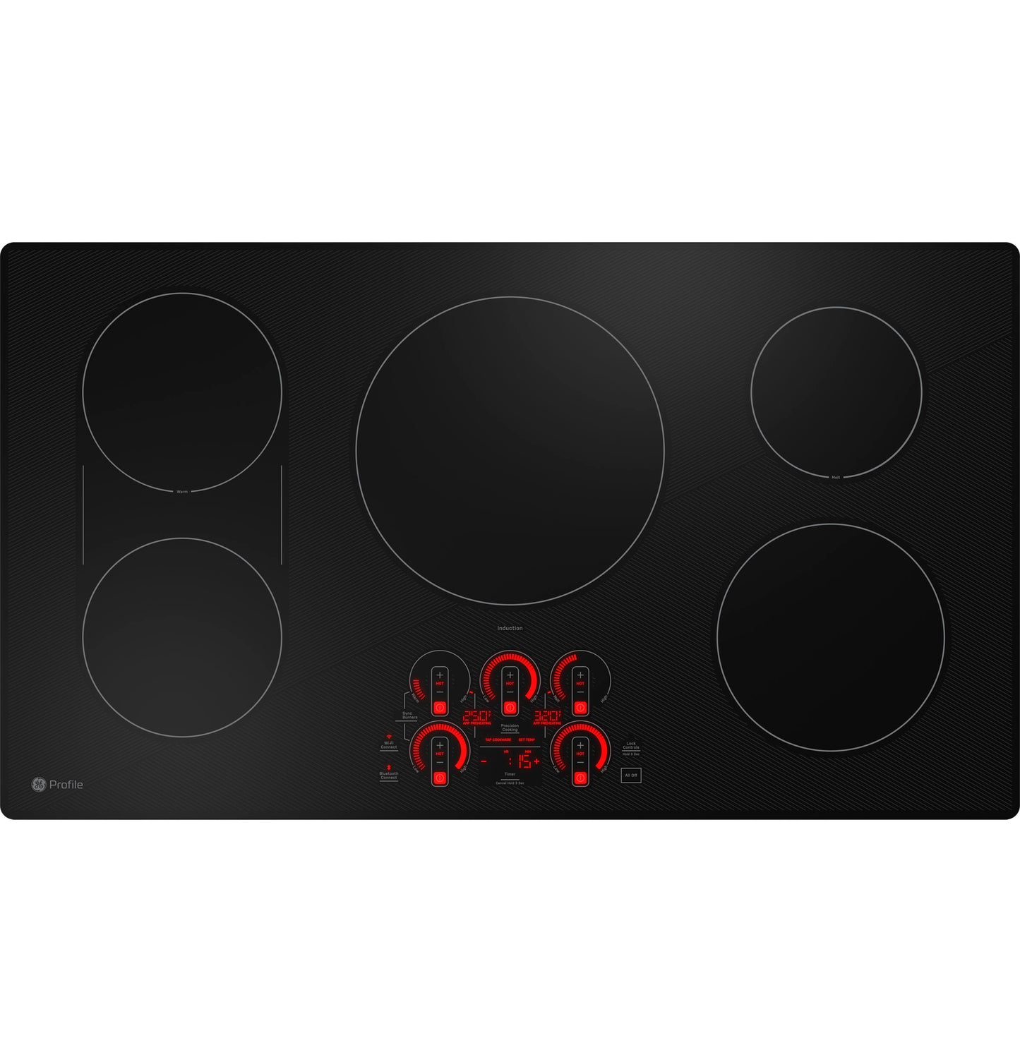 Black built-in induction cooktop with five cooking zones and digital touch controls in kitchen appliances collection