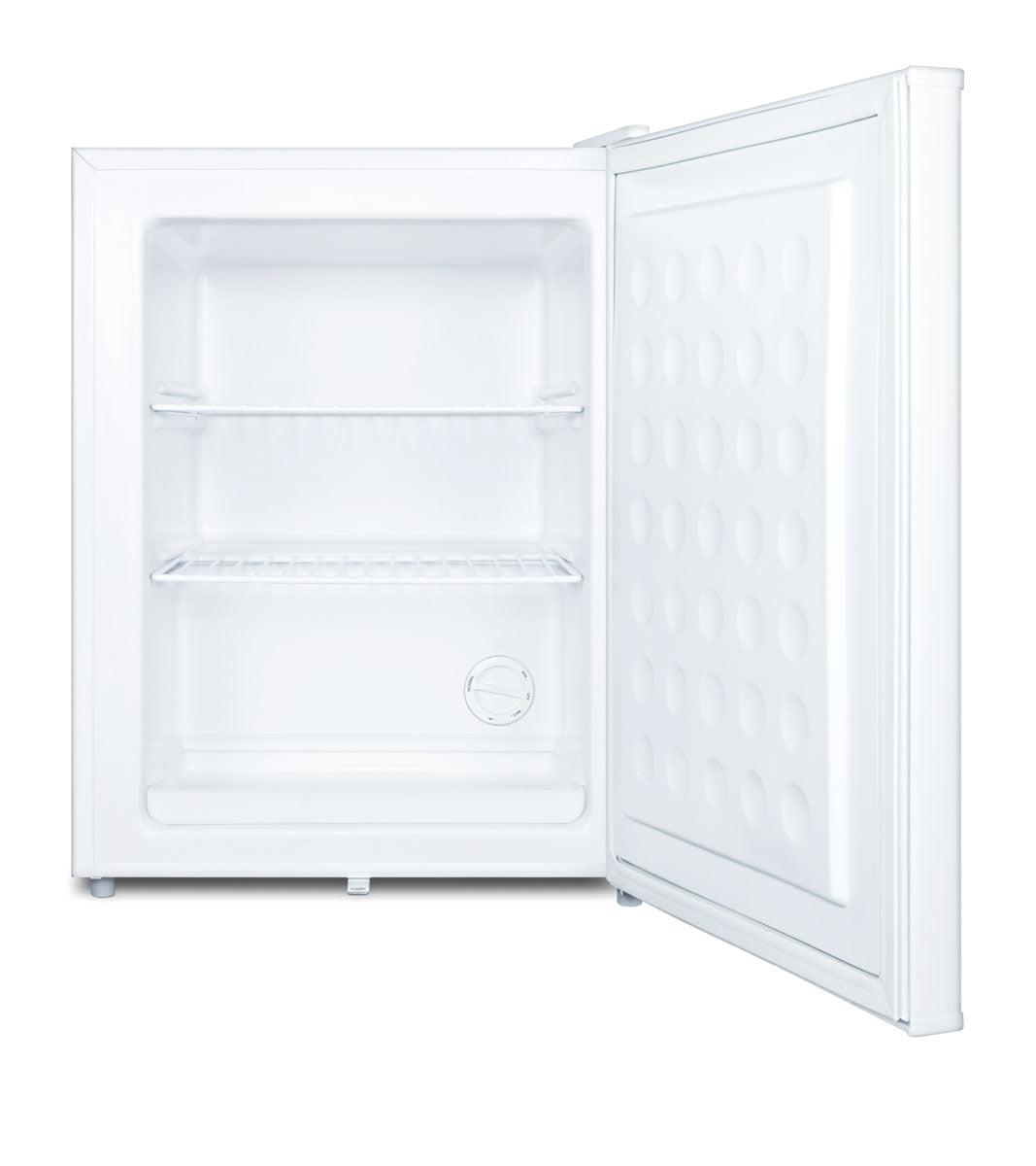 Compact white all-freezer with open door showing empty interior and adjustable wire shelving in appliances collection