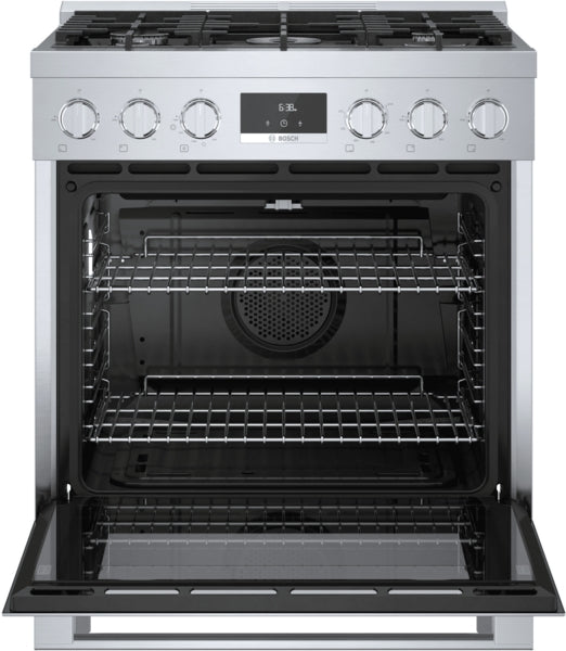 Stainless steel 30-inch freestanding gas range with open oven, metal knobs, and dual racks in kitchen appliances collection