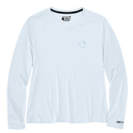 Lightweight white long-sleeve shirt with small chest logo and smooth fabric designed for outdoor and active wear