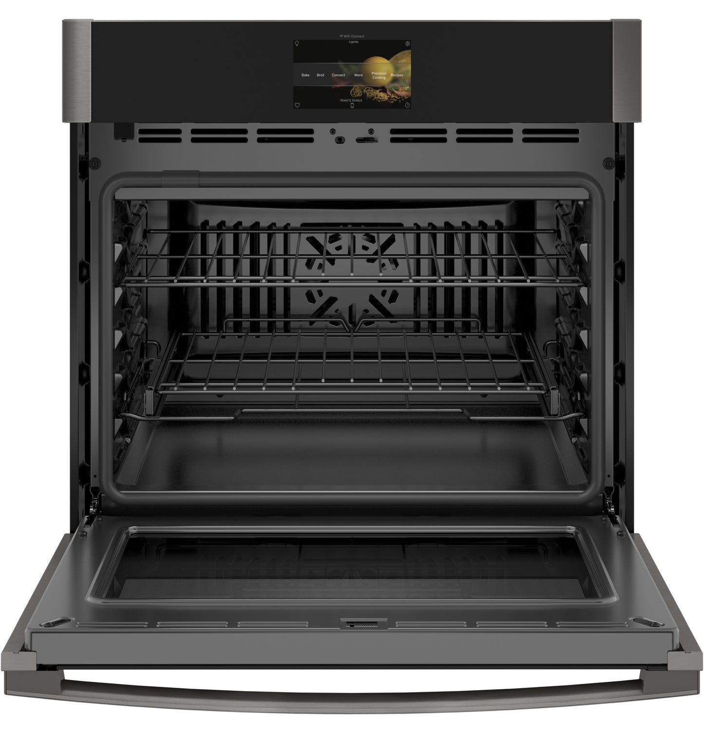 Open smart built-in convection wall oven in stainless steel with racks and digital touchscreen for kitchen appliances collection