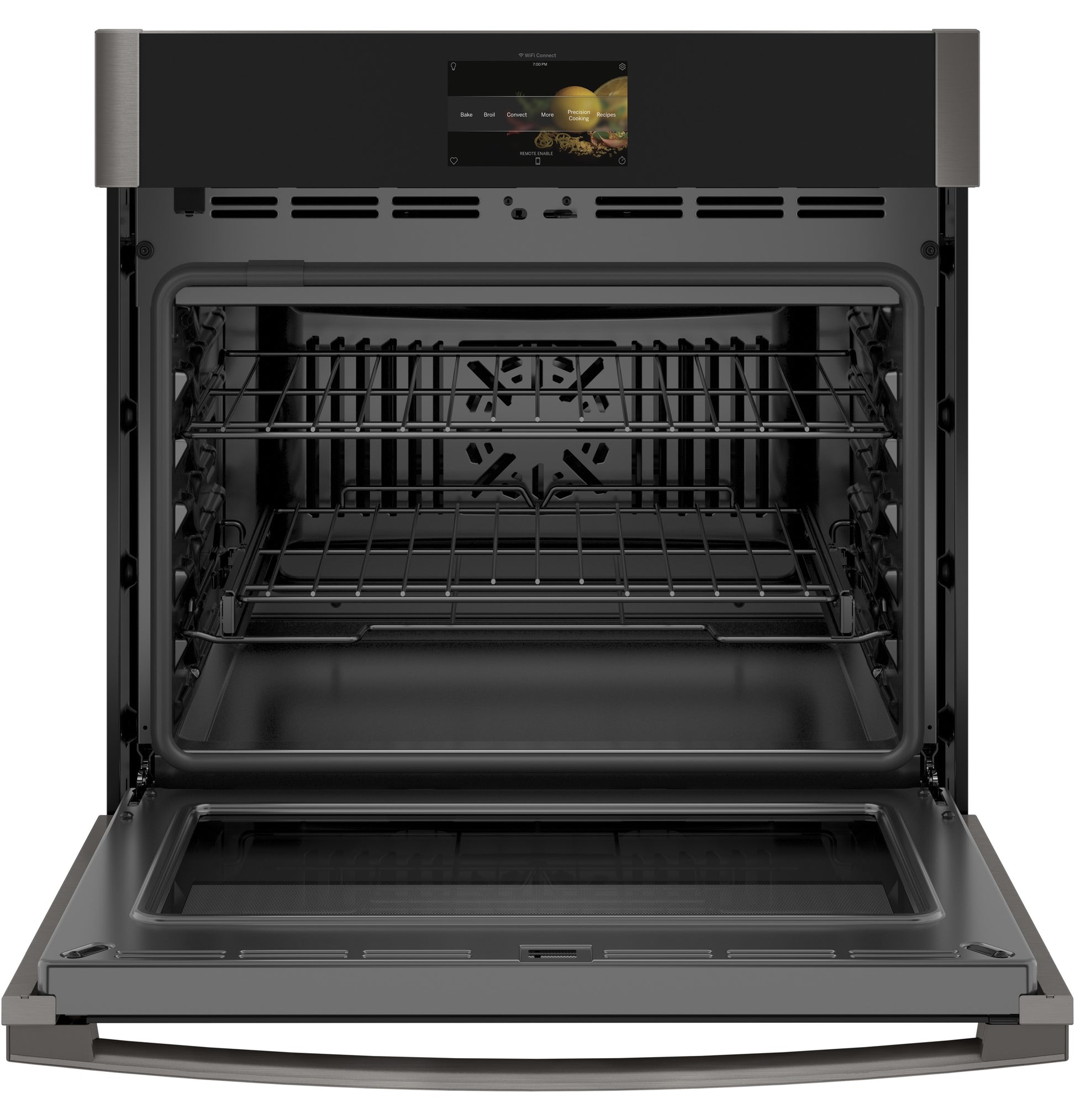 Open smart built-in convection wall oven in stainless steel with racks and digital touchscreen for kitchen appliances collection