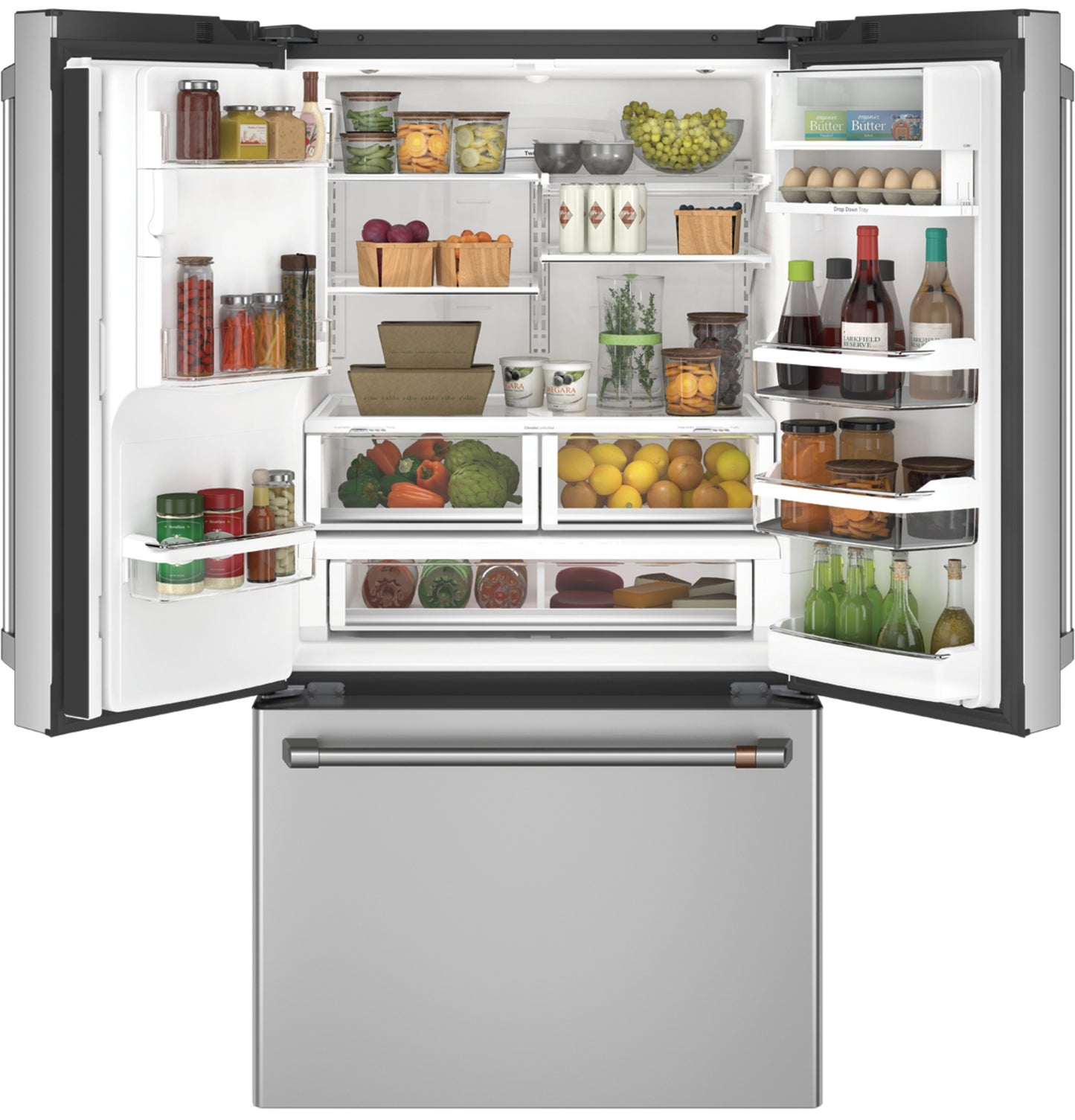 Open stainless steel French-door refrigerator with organized fresh produce, beverages, and adjustable shelving from kitchen appliances collection
