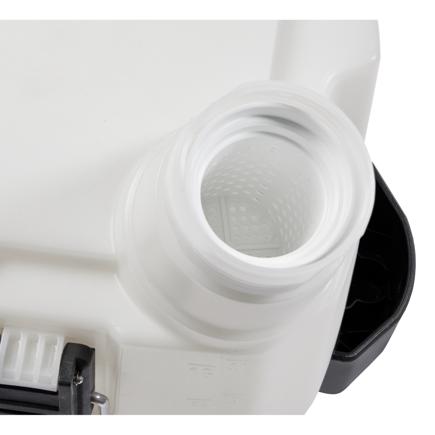 Close-up of white 2-gallon handheld sprayer tank opening with black handle for tools and home improvement use