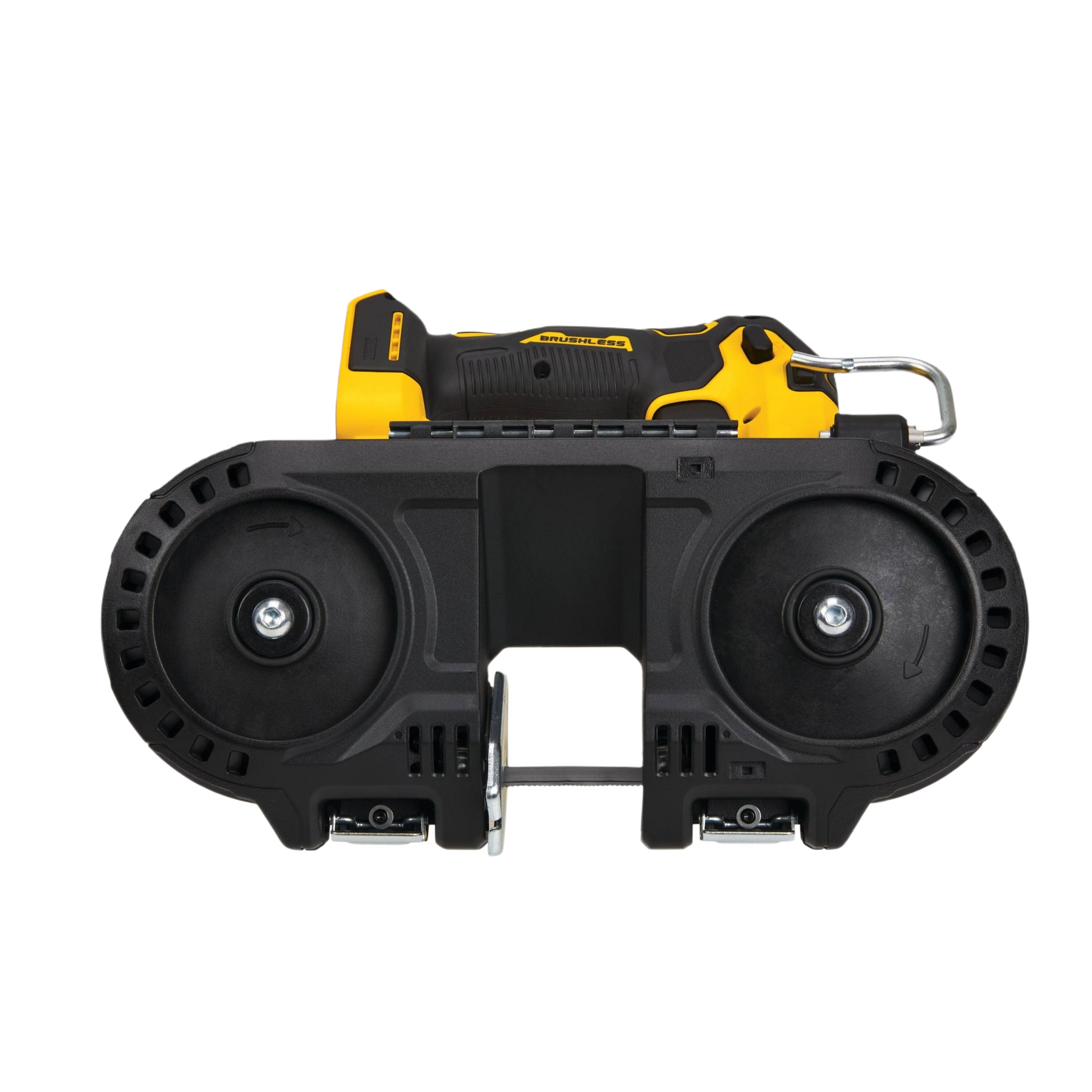 Compact yellow and black cordless band saw with dual blade wheels for portable power tool use in home improvement projects