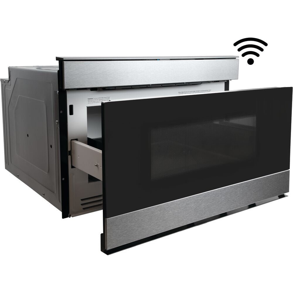 Built-in stainless steel flat panel microwave drawer with Wi-Fi connectivity and Easy Wave Open feature for kitchens