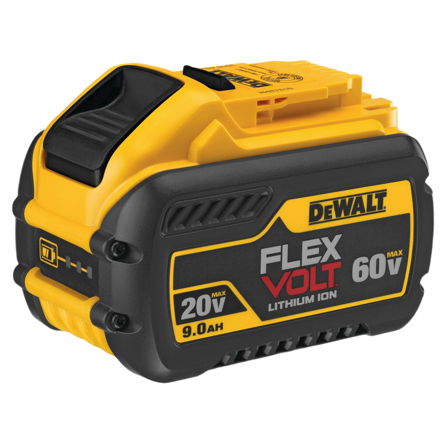 Compact yellow and black lithium-ion power tool battery with FLEXVOLT technology for tools and home improvement tasks