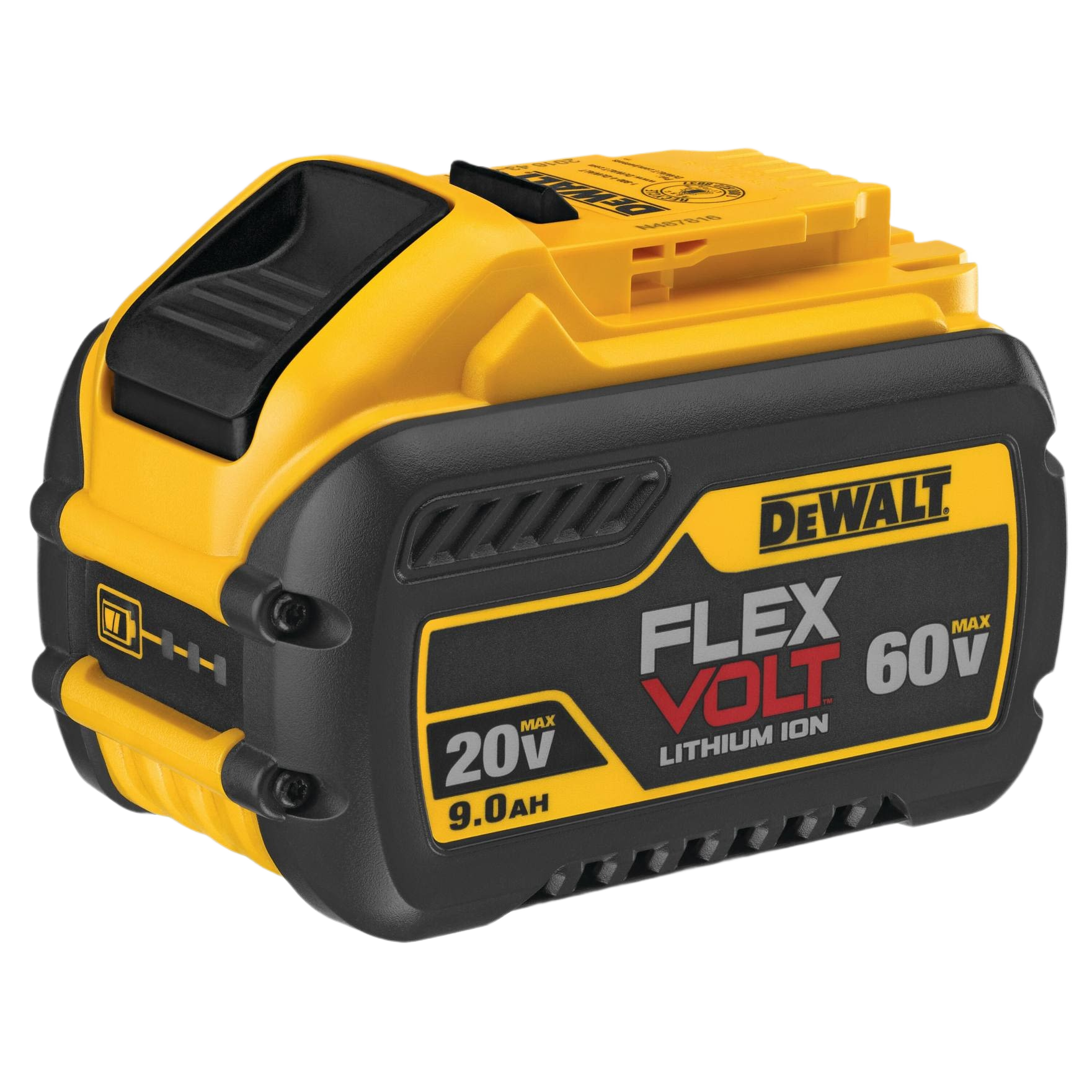 Compact yellow and black lithium-ion power tool battery with FLEXVOLT technology for tools and home improvement tasks
