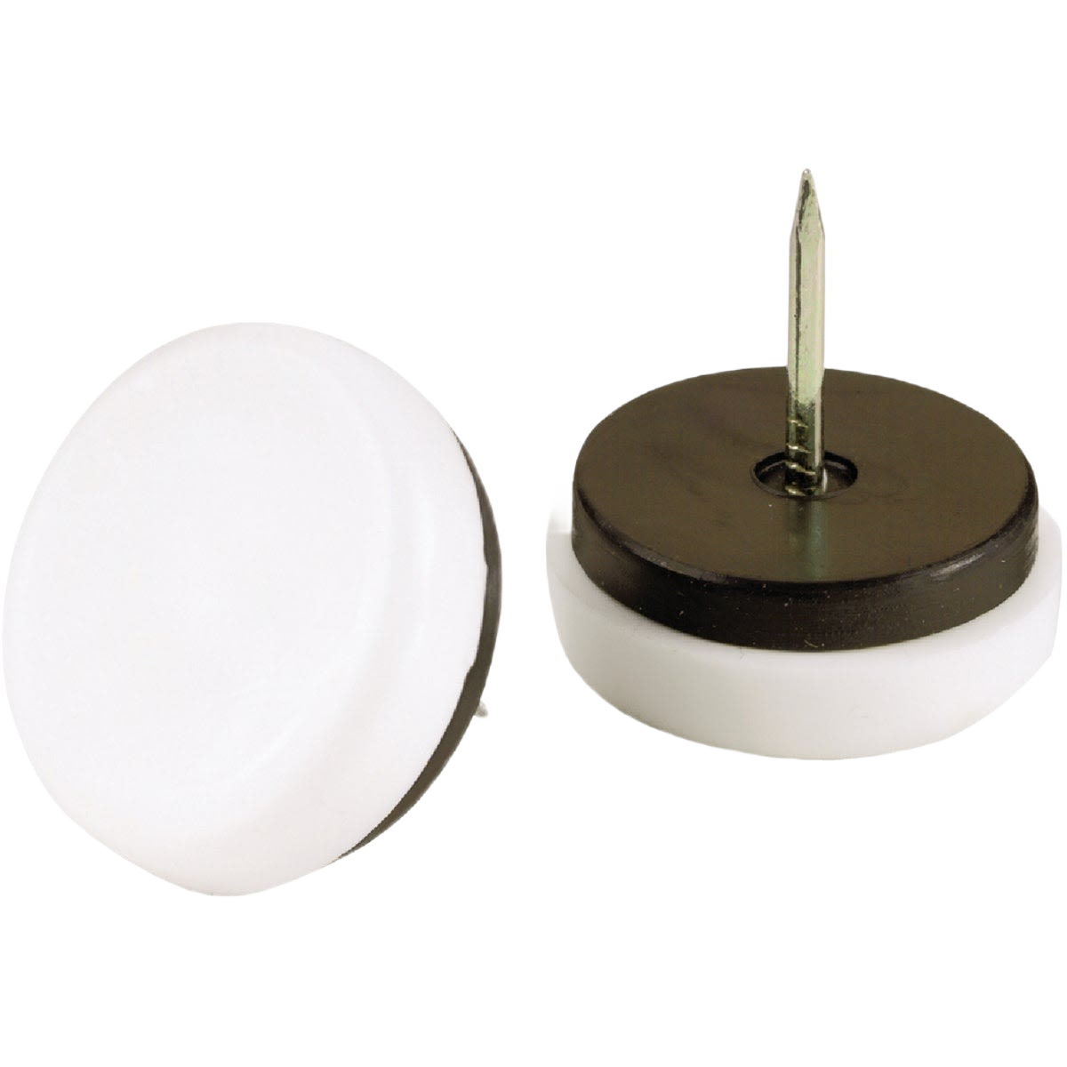 White round nail-on glides with rubber cushion and metal nail for furniture protection in home improvement projects