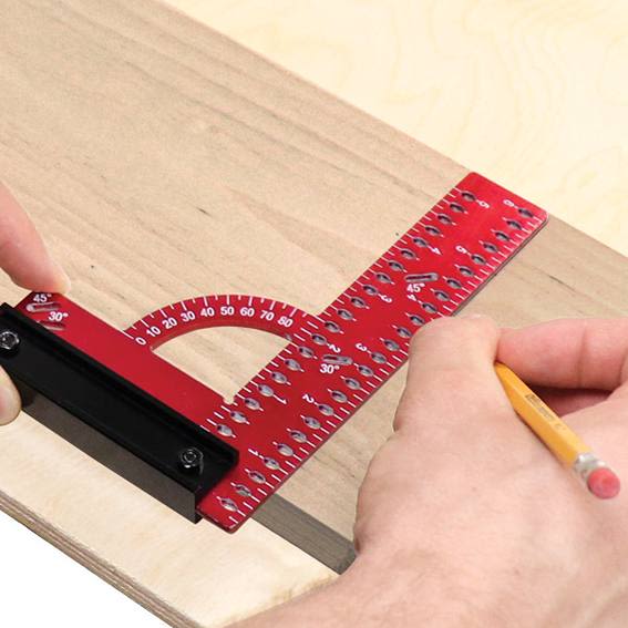 Red multi-angle measuring square with imperial scale and protractor for precise woodworking and home improvement tasks