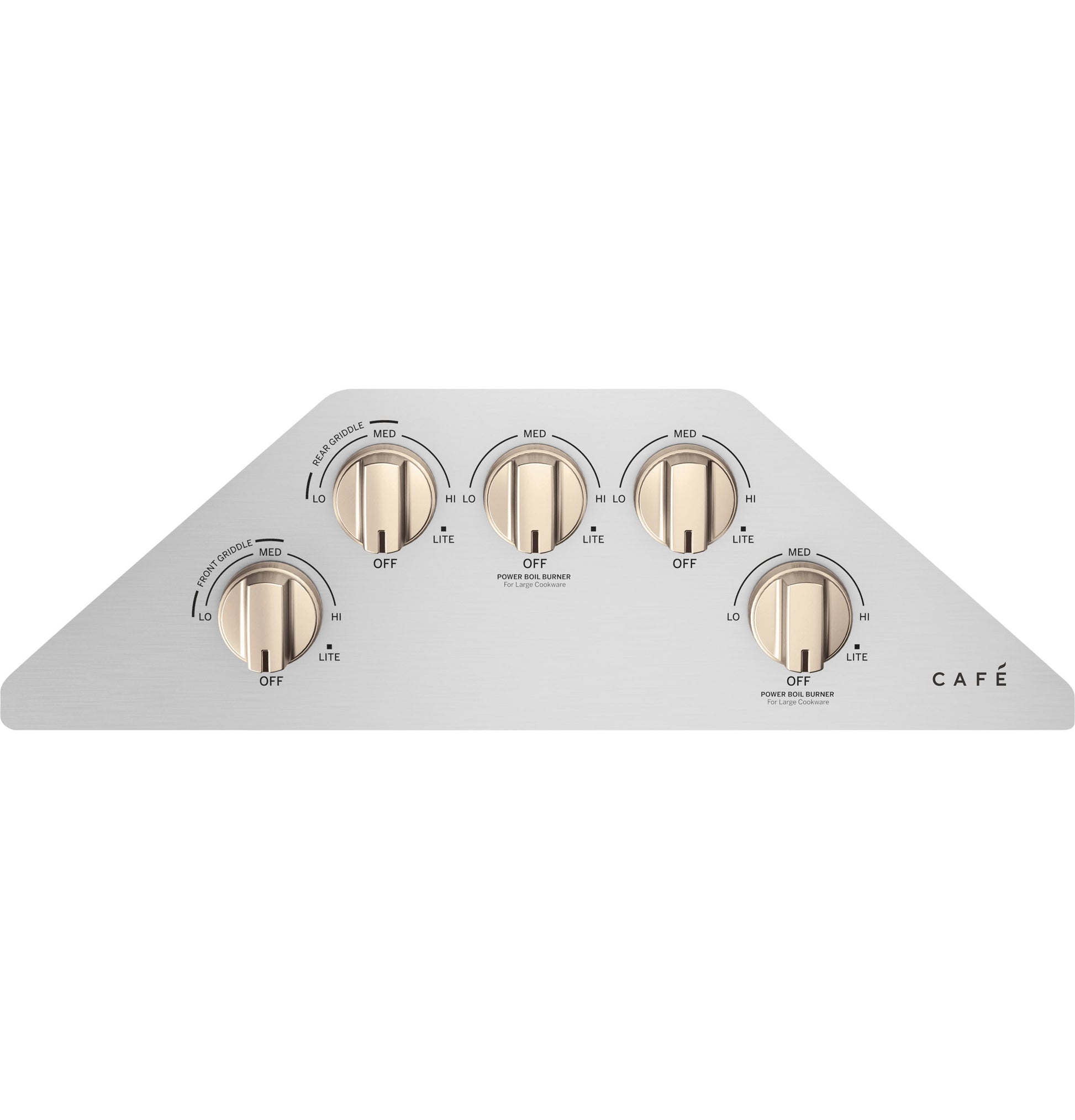 Stainless steel cooktop control panel with five gold-tone knobs for precise burner settings in kitchen appliances collection