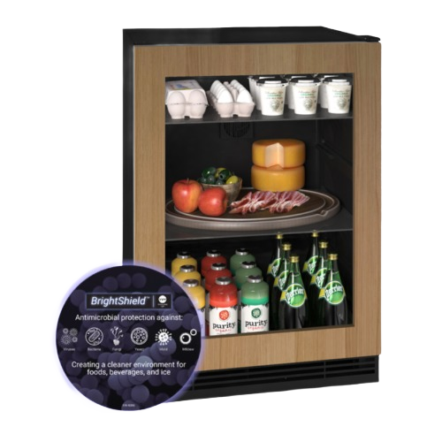Counter-depth refrigerator with glass door, wood frame, stocked with beverages, cheese, fruit, and eggs from Appliances collection