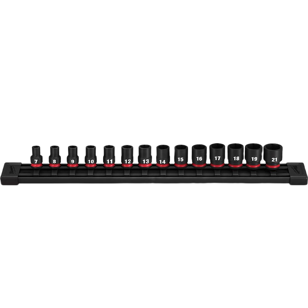 Set of 14 metric 6-point impact sockets on black rail for hand tools and woodworking tool collections under $100