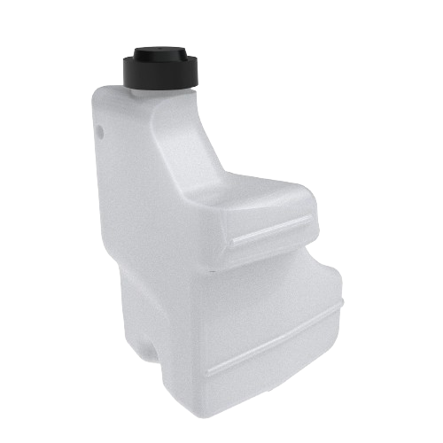 White plastic coolant overflow reservoir with black cap for automotive and John Deere equipment maintenance tools collection