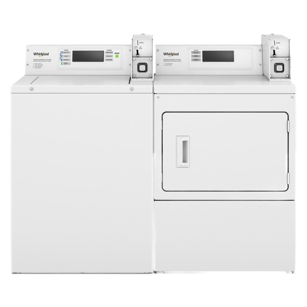 Front view of white commercial gas dryer and matching washer with coin drop and coin box in laundry appliances collection
